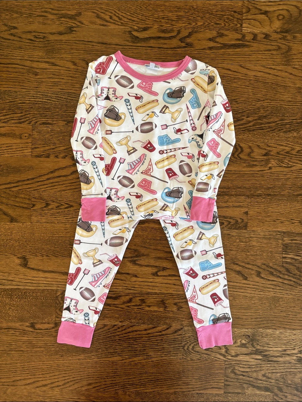 Kids Athletic Print White Pajama Set with Pink Trim